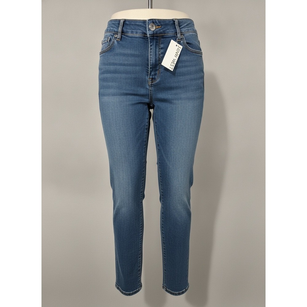Nine West Women Mid Rise Straight Leg Jeans Blue Sculpting Stretch Tummy Control